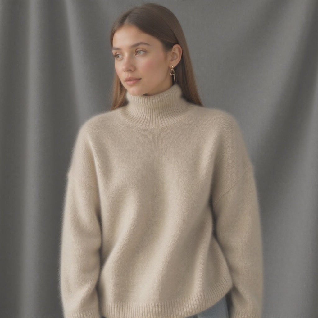 Sydney Oversized Cashmere Turtleneck in beige - worn by a model, front view
