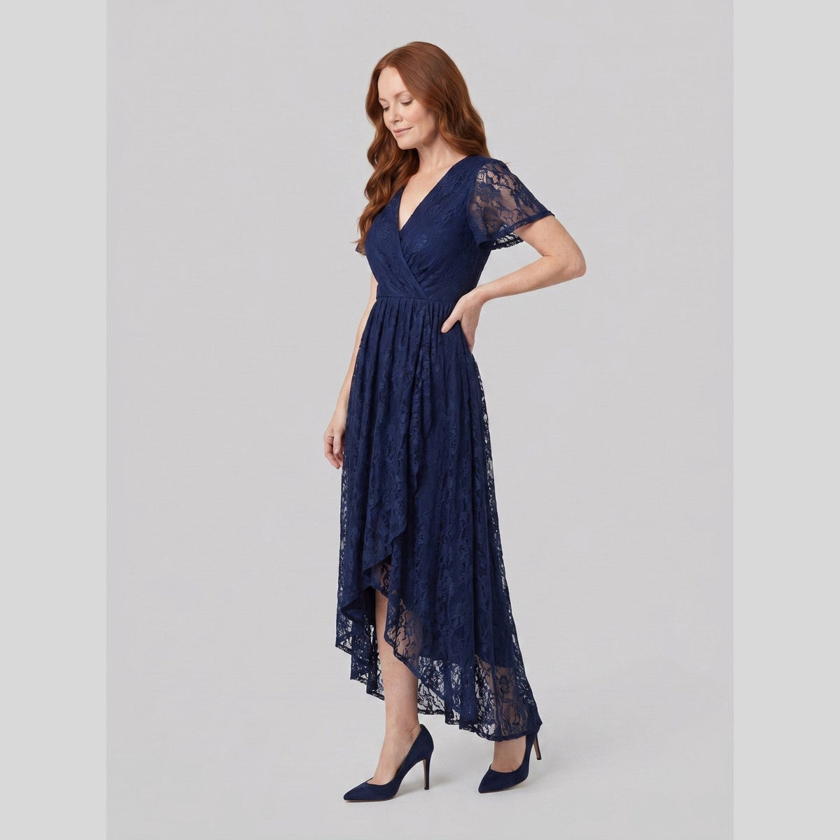 Sylva Pleated Lace Ruffle Gown in navy blue - front view