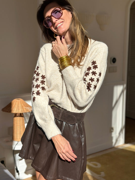 Teya Knit Sweater in Beige and Brown - worn by a model, front view