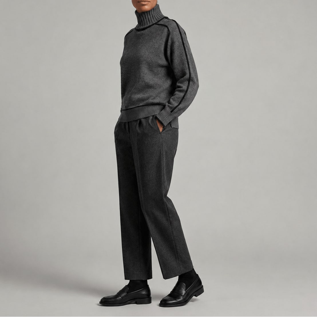 Turtleneck Sweater with Contrast Piping, Relaxed Knit Jumper 6