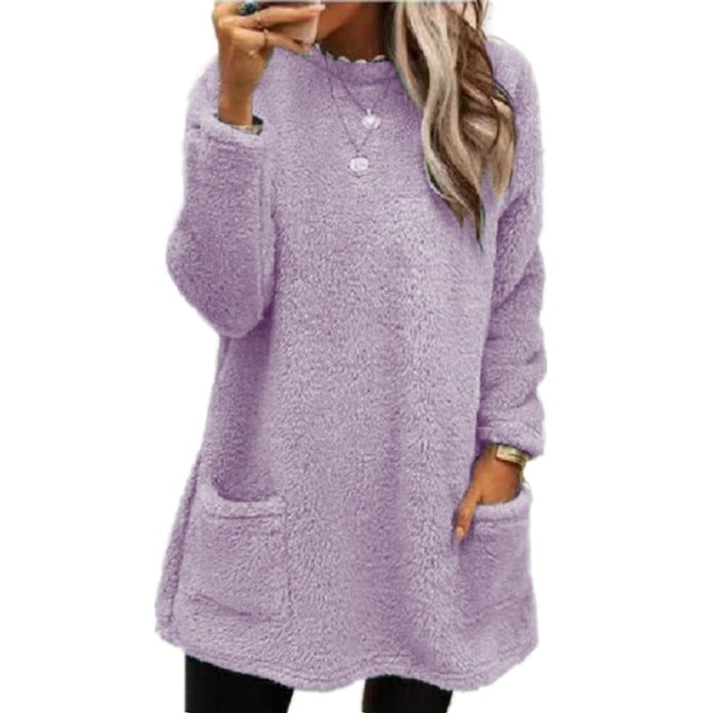 Winter Loungewear Fleece Top, Crew Neck Tunic with Pockets 7