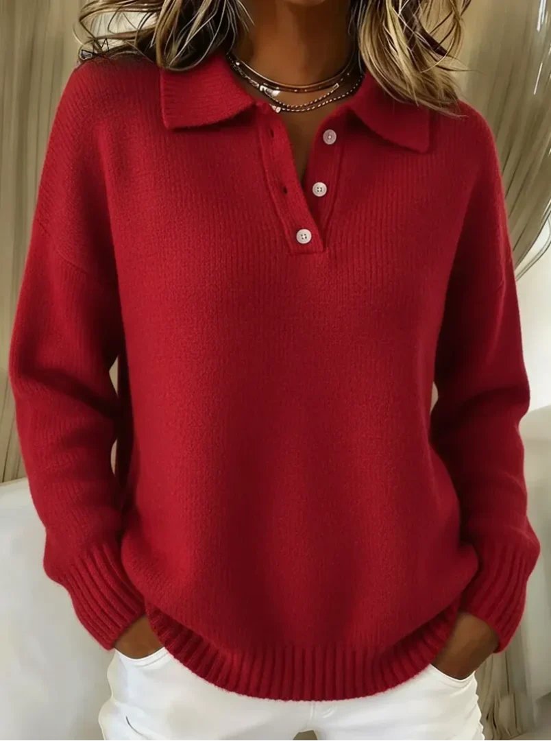 Wool Mix Polo Sweater in red - worn by a model, front view