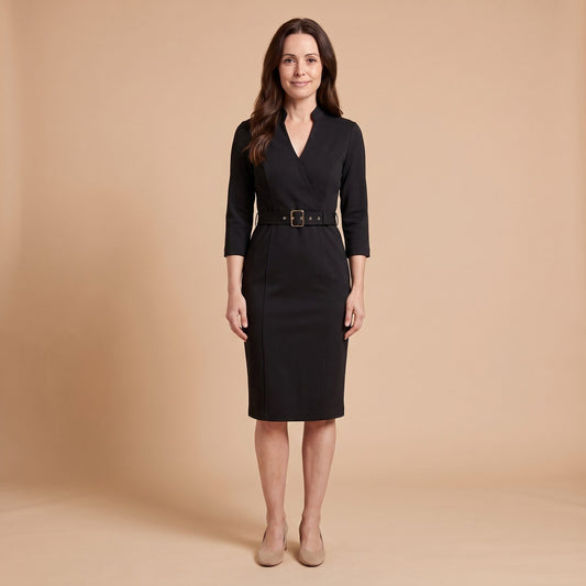 Alessia Tailored Belted Midi Dress in Black - front view