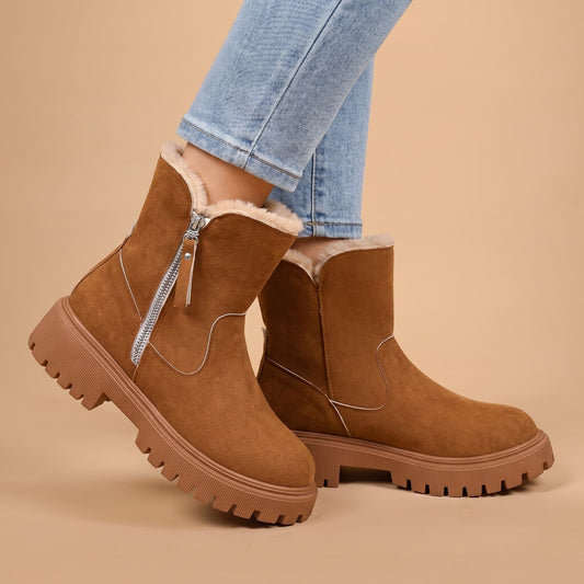 Faux Fur Lined Ankle Boots with Side Zip, Suede Look Winter Boots