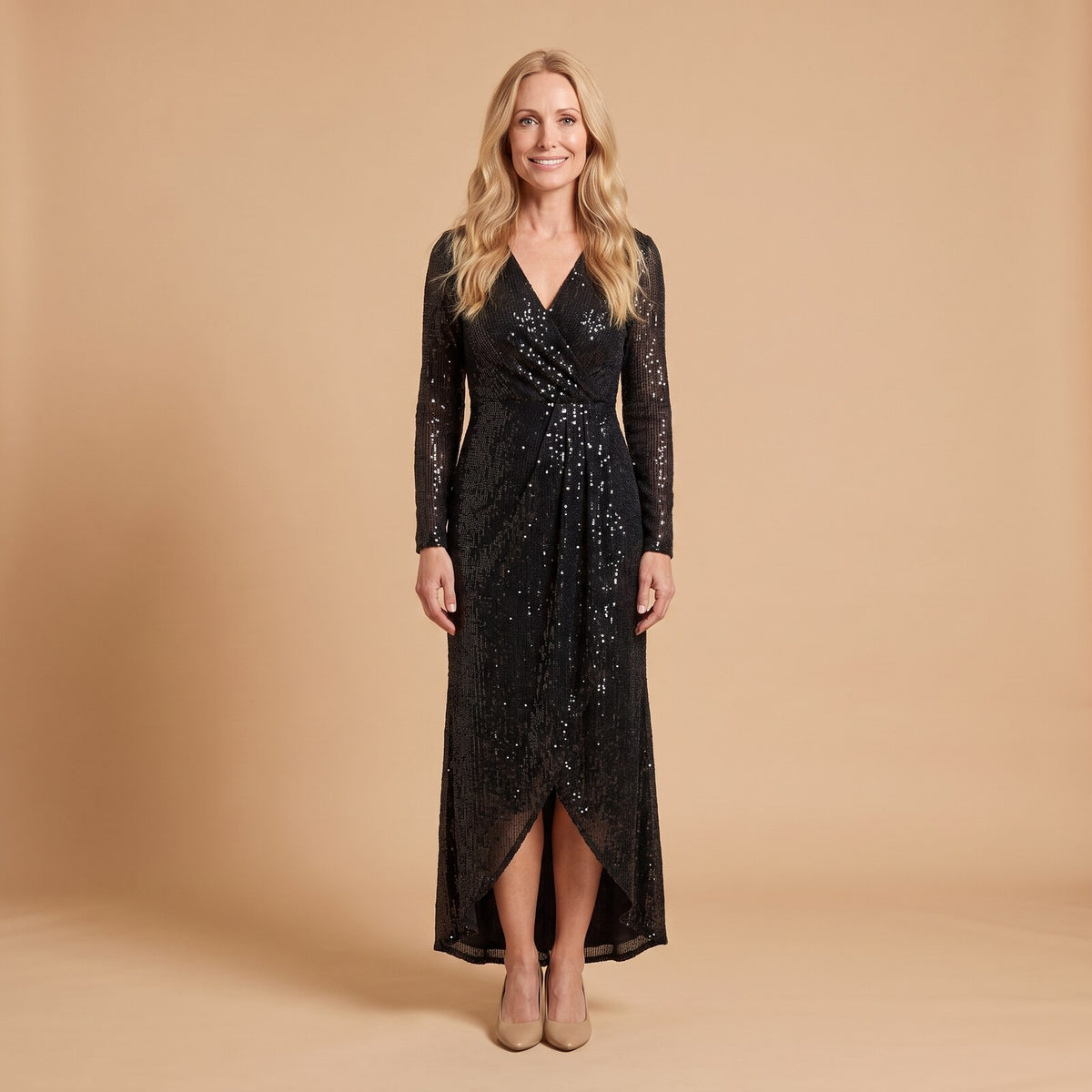 Astra Sequin Gown with Asymmetric Hem in black - front view