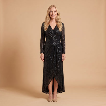 Astra Sequin Gown with Asymmetric Hem in black - front view