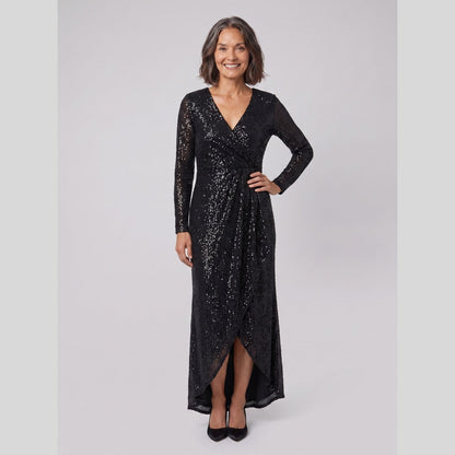 Astra Sequin Gown with Asymmetric Hem in black - worn by a model, front view