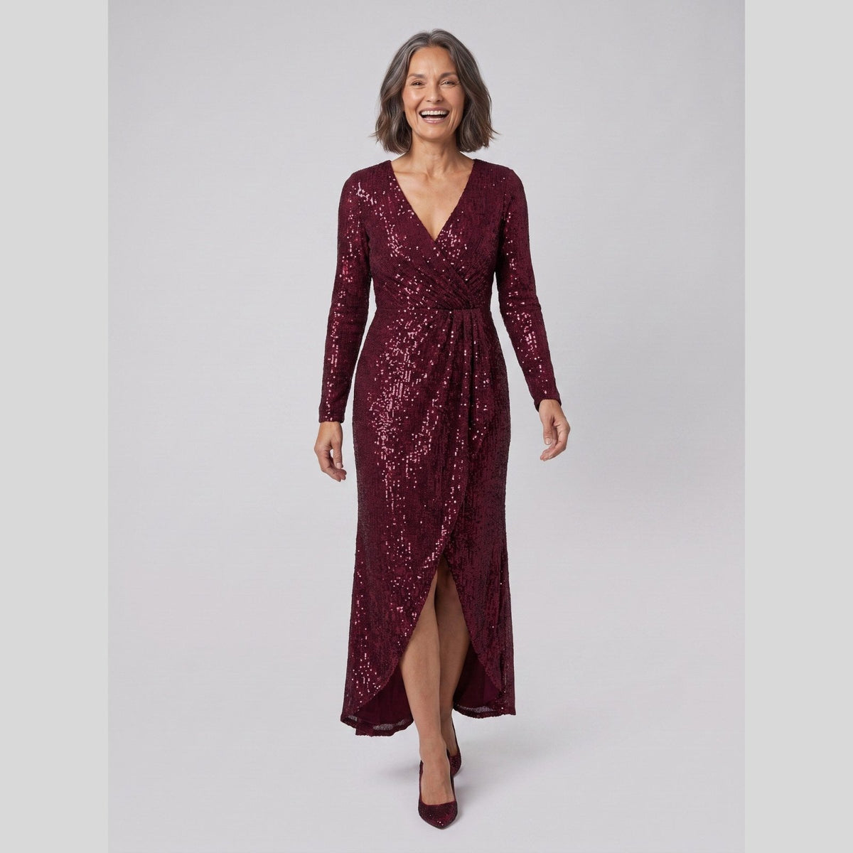 Astra Sequin Gown with Asymmetric Hem in burgundy - front view