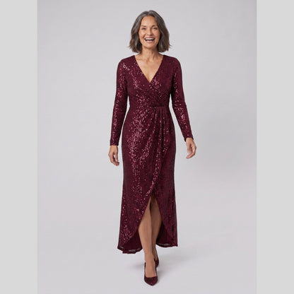 Astra Sequin Gown with Asymmetric Hem in burgundy - front view