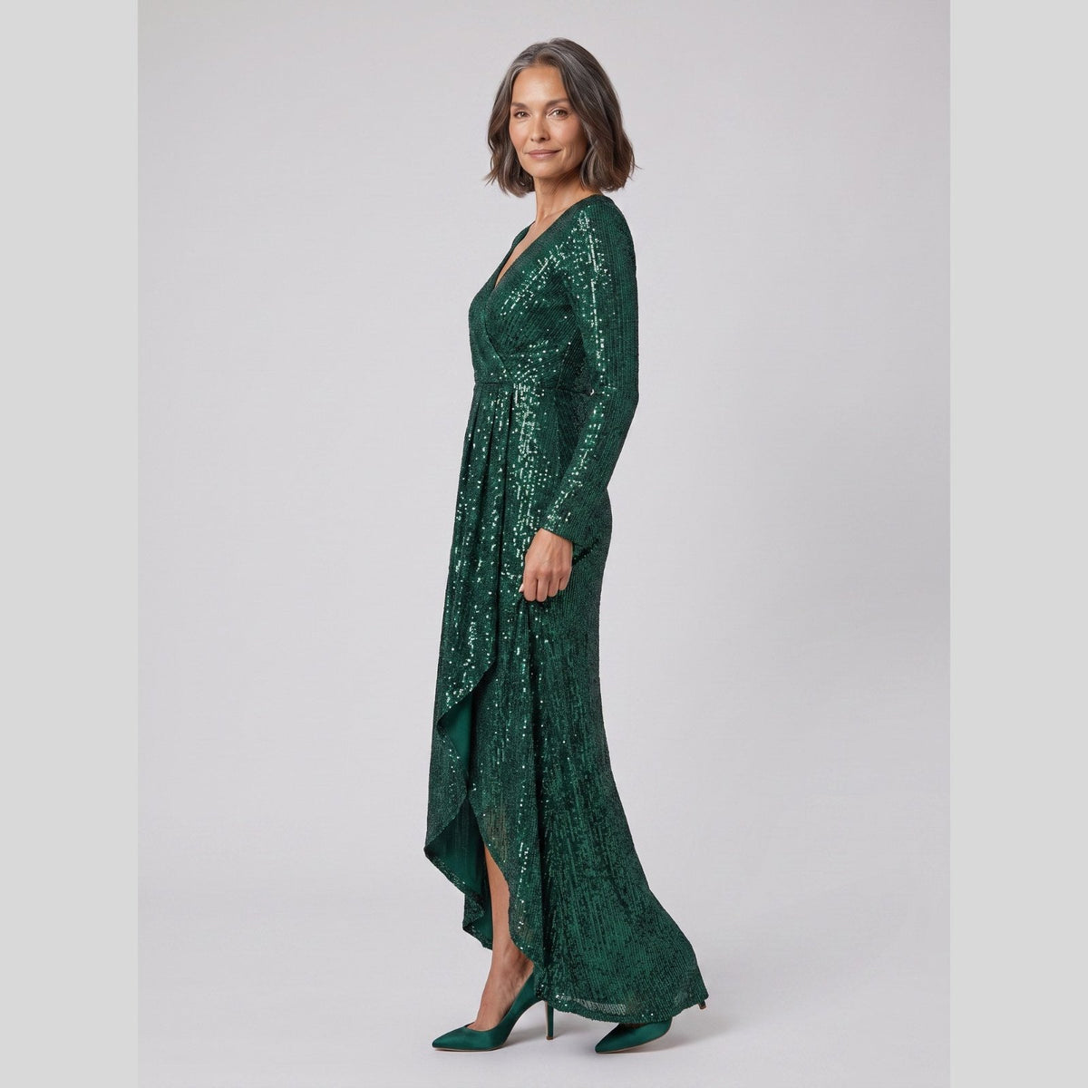 Astra Sequin Gown with Asymmetric Hem in dark green - front view