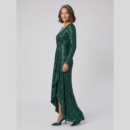Astra Sequin Gown with Asymmetric Hem in dark green - front view