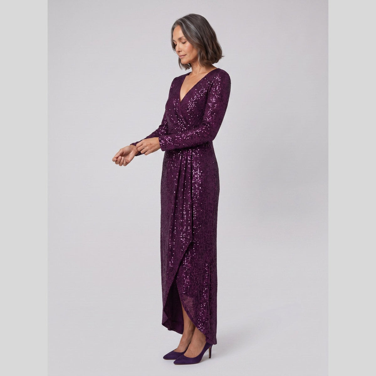 Astra Sequin Gown with Asymmetric Hem in dark purple - front view