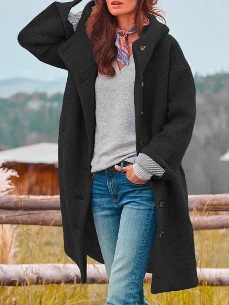 Audrey Soft Brushed Coat in Black - worn by a model outdoors