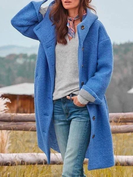 Audrey Soft Brushed Coat in Blue - worn by a model outdoors