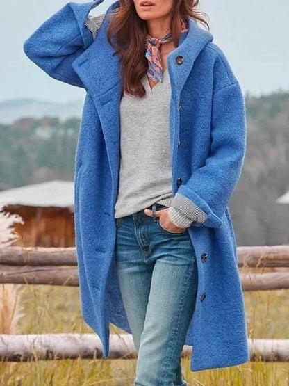 Audrey Soft Brushed Coat in Blue - worn by a model outdoors