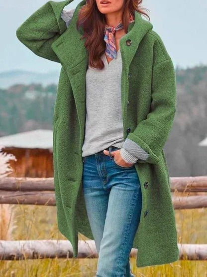 Audrey Soft Brushed Coat in Green - worn by a model outdoors