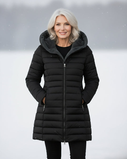 Ava Insulated A-Line Puffer Coat in Black - worn by a model outdoors