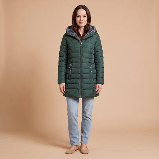 Ava Insulated A-Line Puffer Coat in Dark Green - front view
