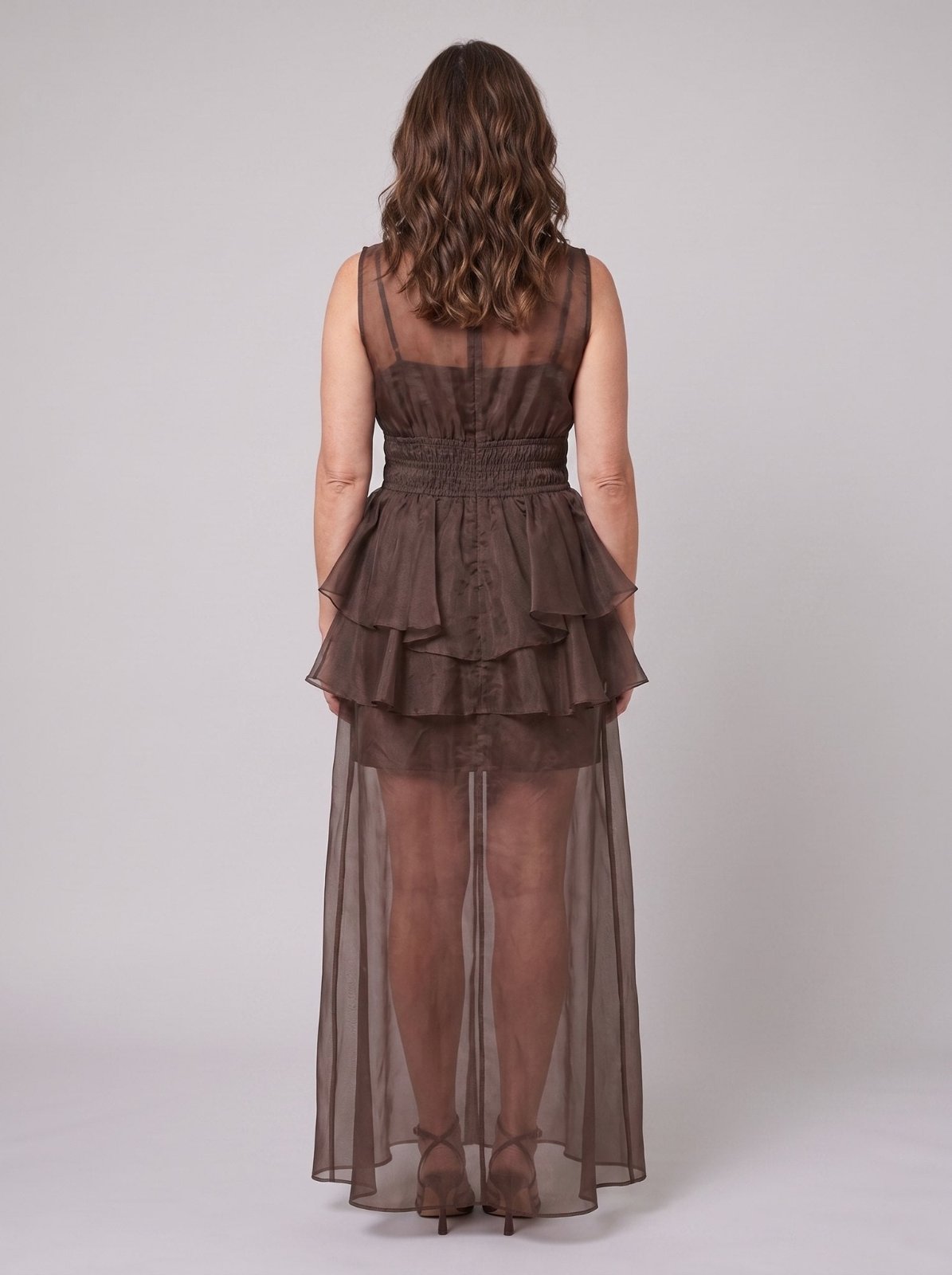 Aveline One Shoulder Tiered Maxi Dress in chocolate - back view