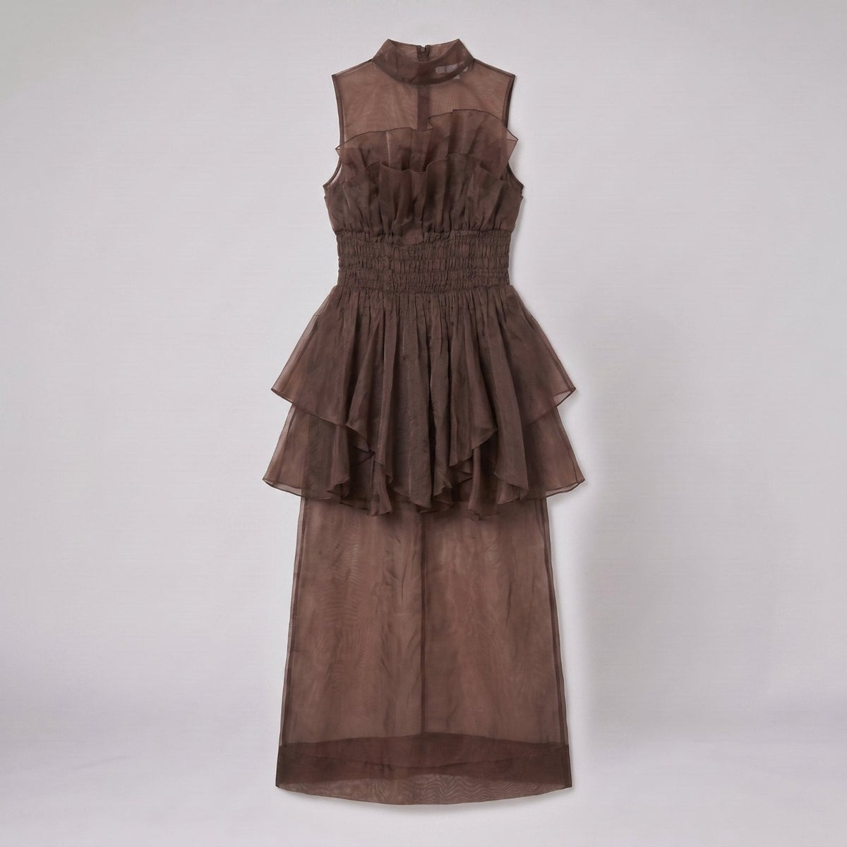 Aveline One Shoulder Tiered Maxi Dress in chocolate - flat product shot