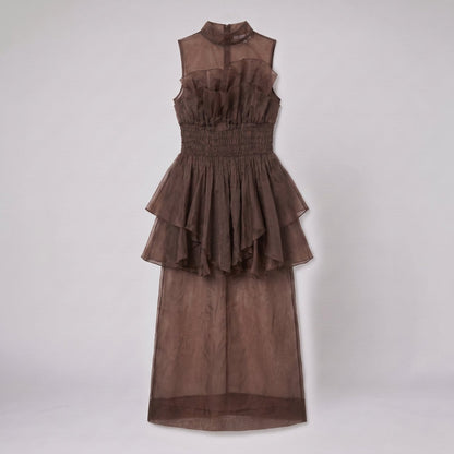 Aveline One Shoulder Tiered Maxi Dress in chocolate - flat product shot