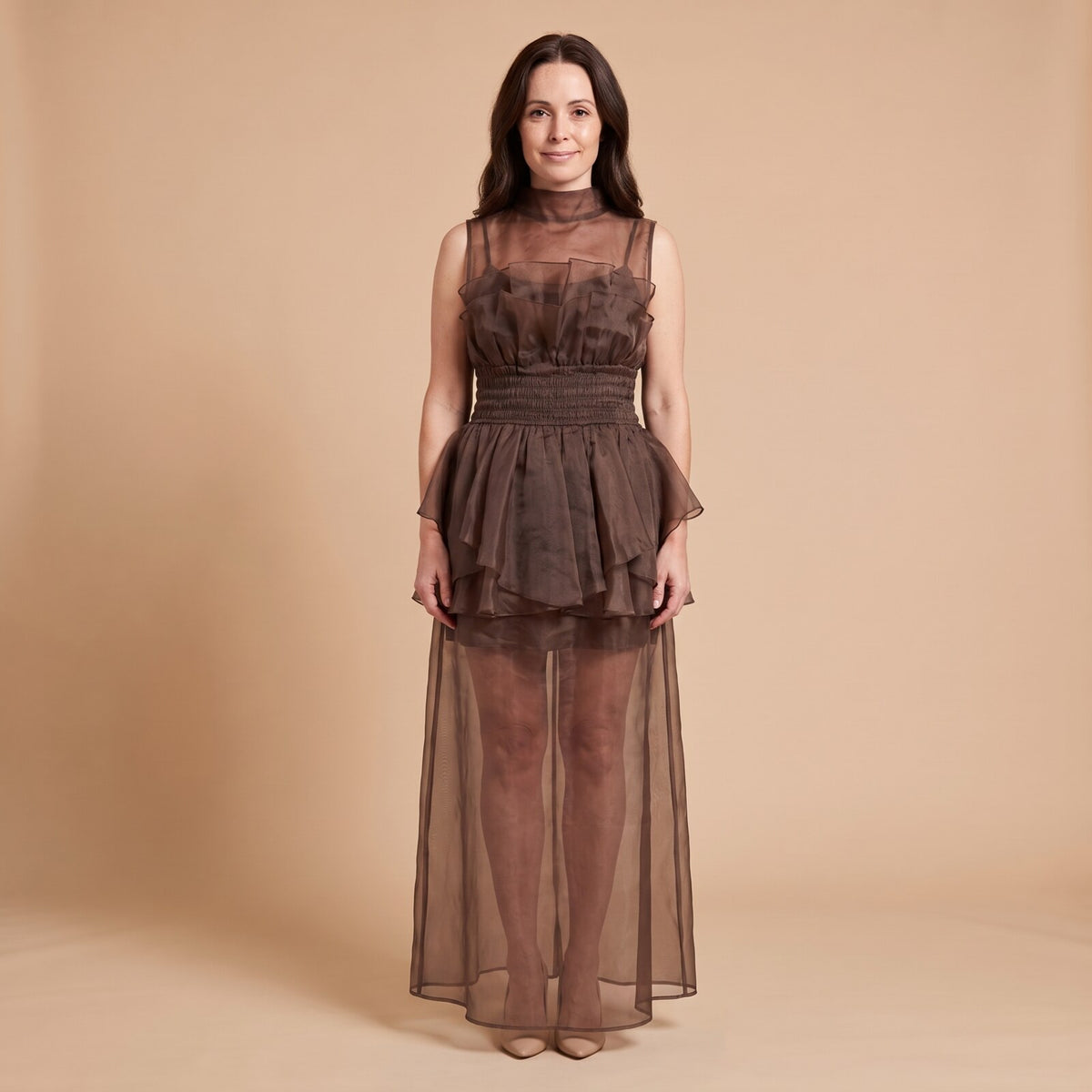 Aveline One Shoulder Tiered Maxi Dress in chocolate - front view