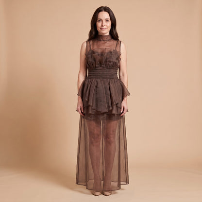 Aveline One Shoulder Tiered Maxi Dress in chocolate - front view