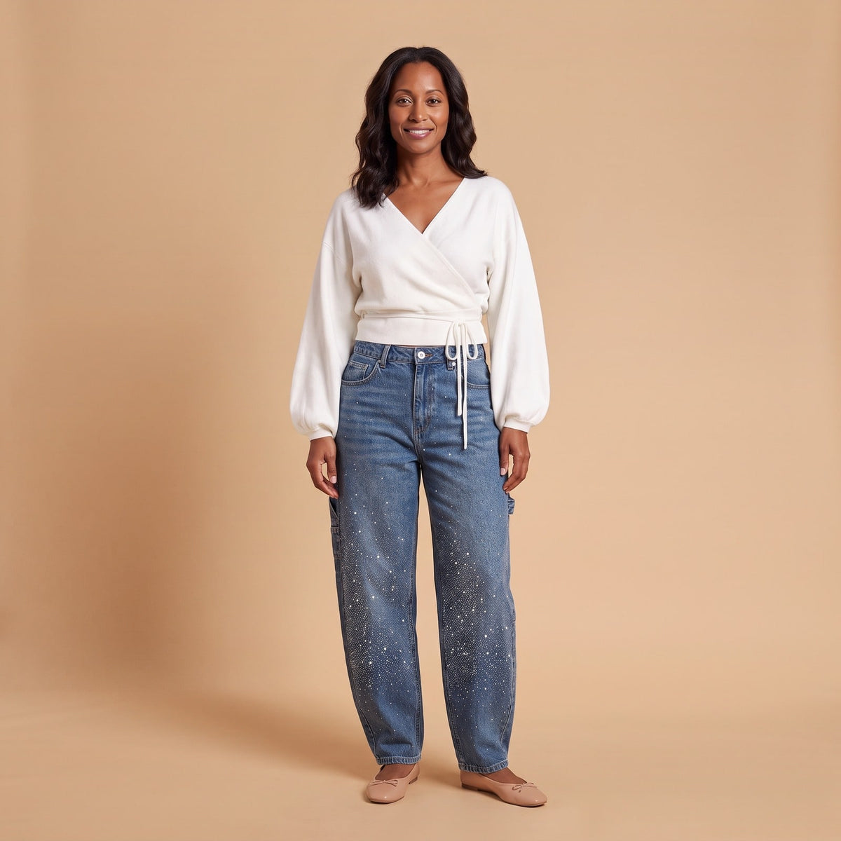 Balloon Carpenter Jeans with Rhinestone Shine, Barrel Denim 1