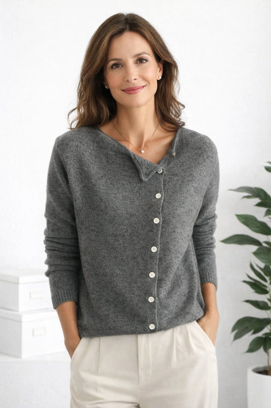 Bianca Cardigan in Gray - worn by a model, front view