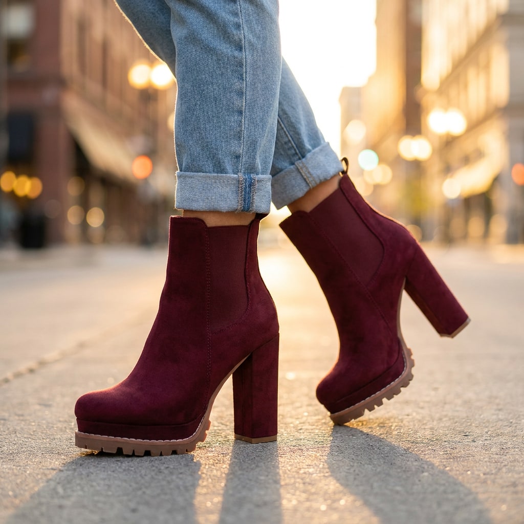 Wine red faux suede block heel ankle boots with lugged sole, worn with cuffed jeans 1