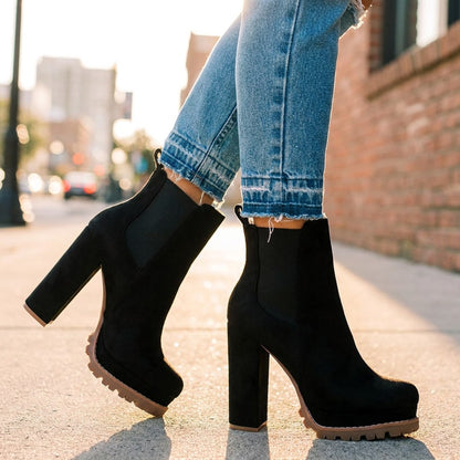 Black faux suede block heel ankle boots with lugged sole 3