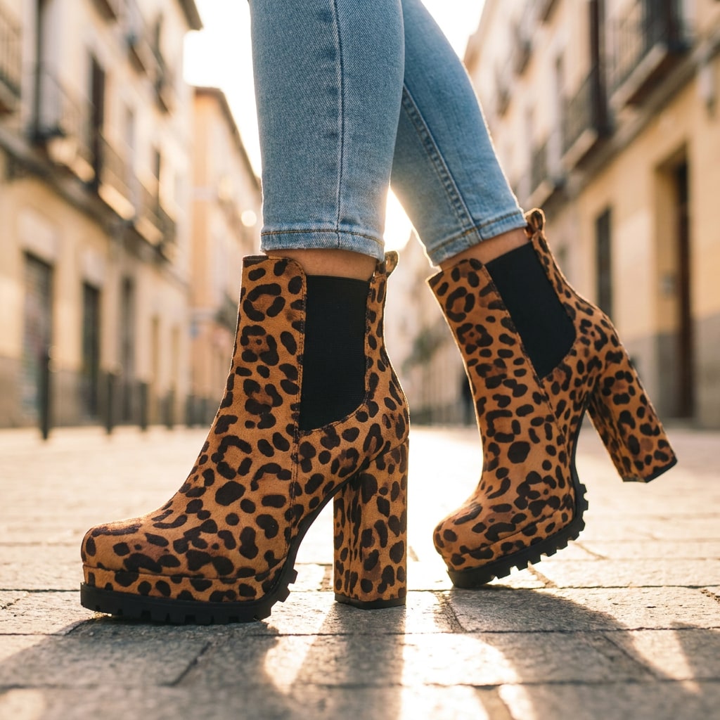 Leopard print ankle boots, front view with elastic side panel 4