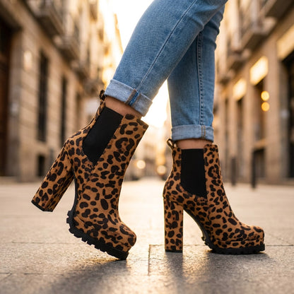 Leopard print ankle boots, side view of the block heel 5