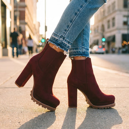 Wine red ankle boots, side view of the block heel 6