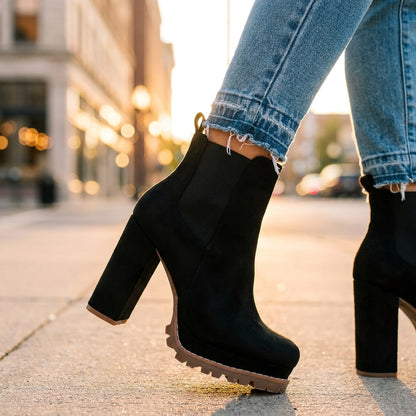 Black ankle boots, side view of the block heel 7