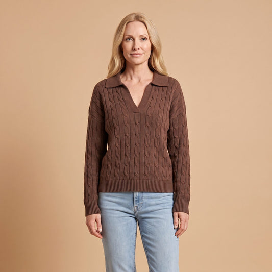 Brown Cable Knit Polo Sweater in Brown - front view