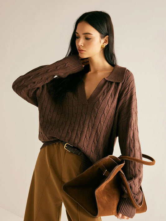 Brown Cable Knit Polo Sweater in Brown - worn by a model, front view