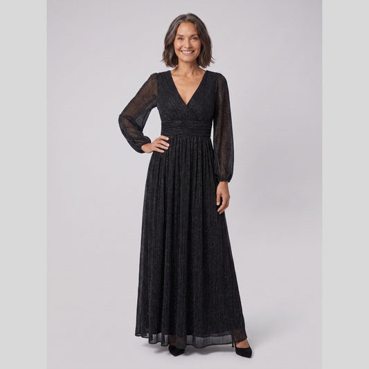 Brym Glitter Gown with Empire Waist in Black - worn by a model, front view