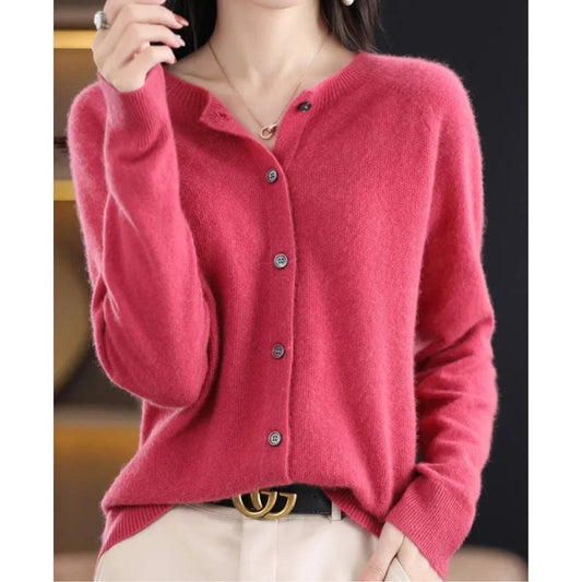 Button Front Crew Neck Sweater in Raspberry - front view