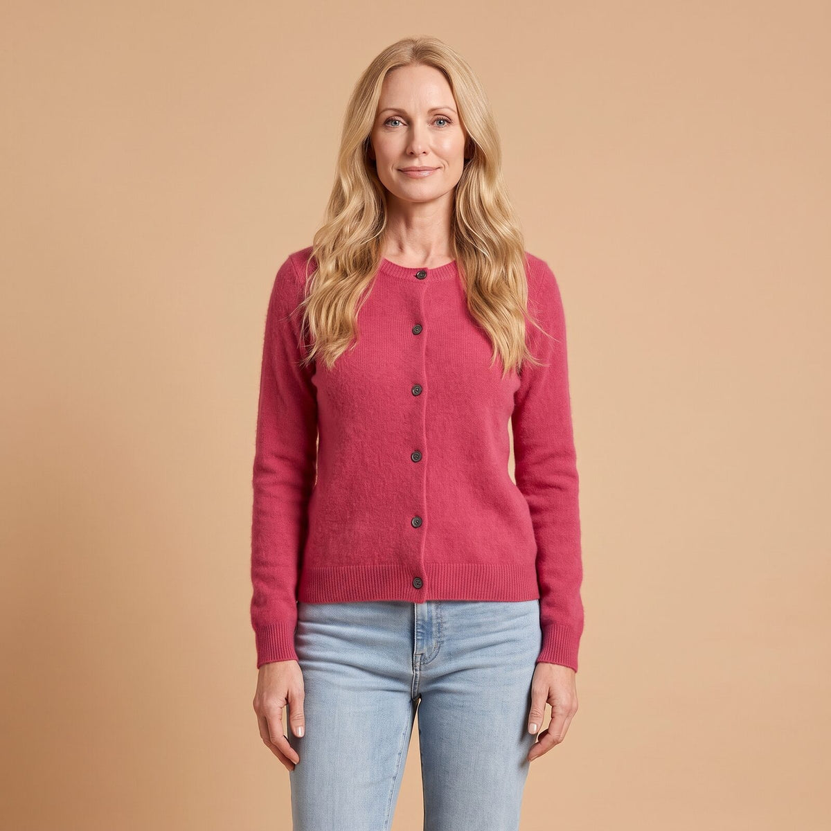 Button Front Crew Neck Sweater in Raspberry - front view