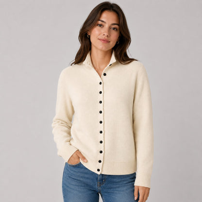 Button Knit Cardigan in Cream White - worn by a model, front view