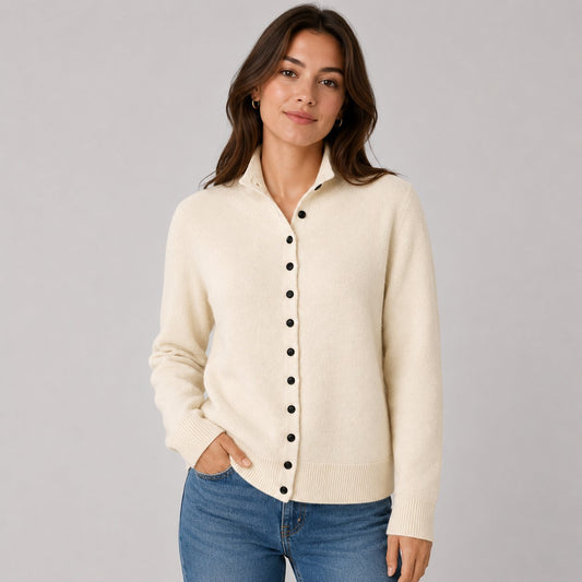 Button Knit Cardigan in Cream White - worn by a model, front view