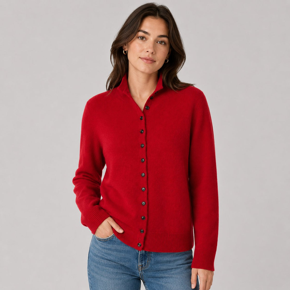 Button Knit Cardigan in Red - front view