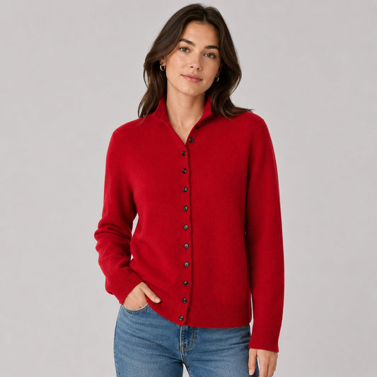 Button Knit Cardigan in Red - front view
