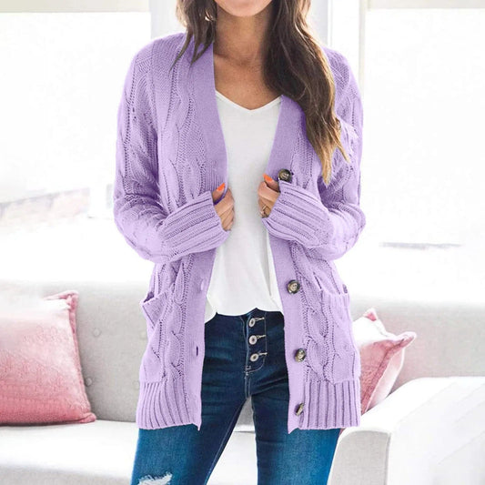 Purple cable knit cardigan with pockets 2