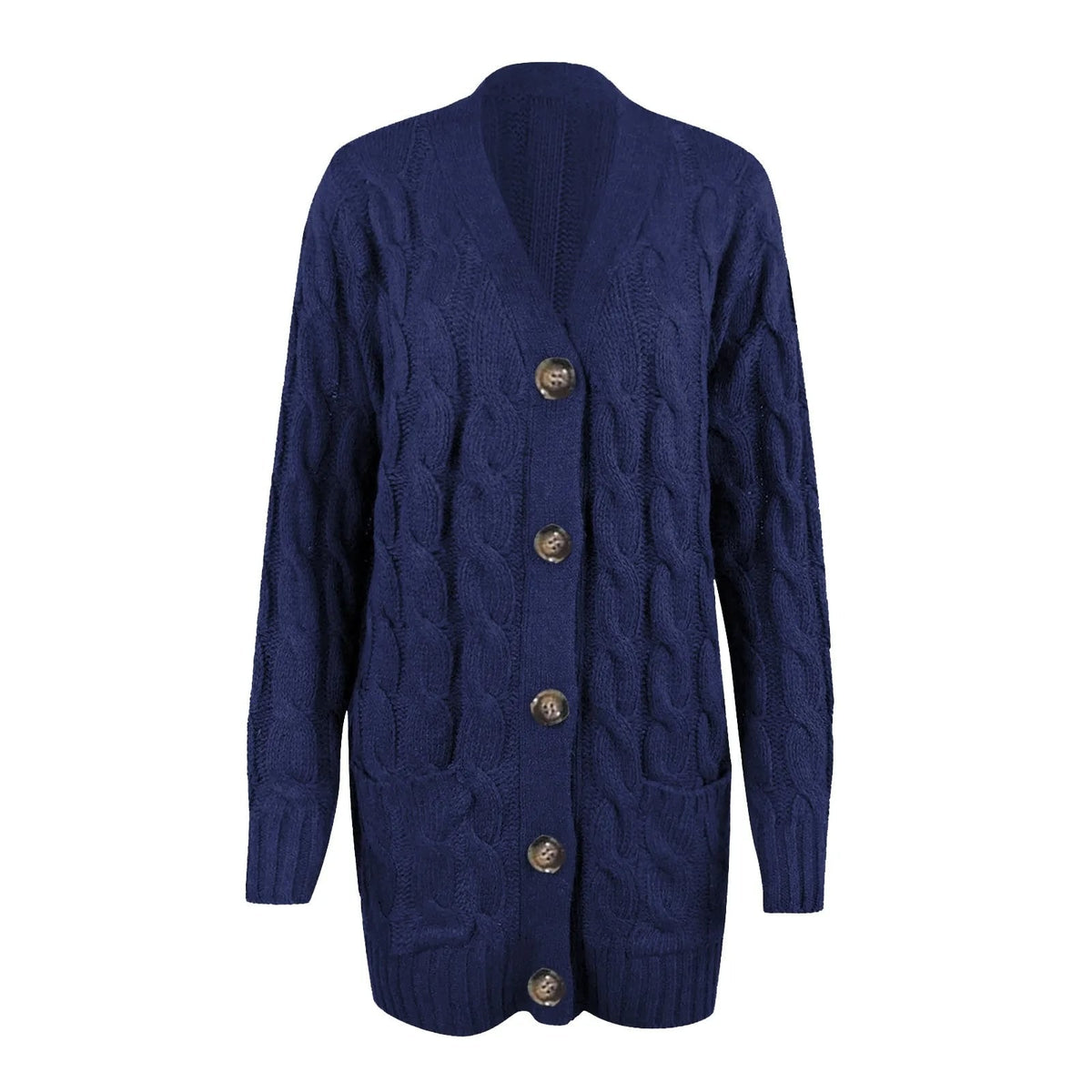 Navy blue cable knit cardigan flat view 6