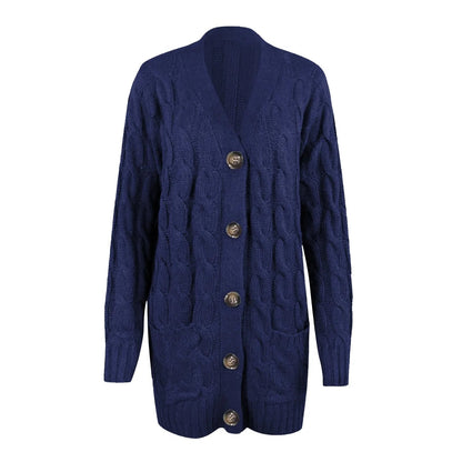 Navy blue cable knit cardigan flat view 6