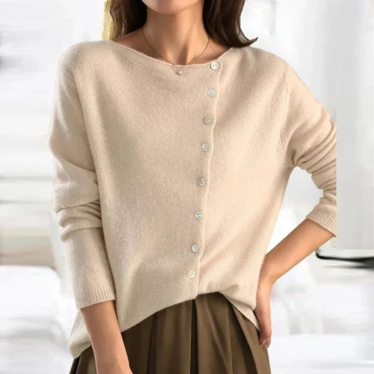 Beige soft knit cardigan with asymmetric button front 1