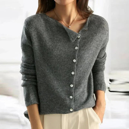 Grey soft knit cardigan with asymmetric button front 2