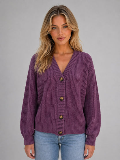 Purple chunky knit button cardigan with V-neck 1